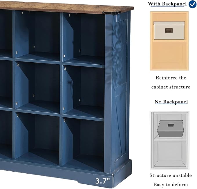 9 Cube Storage Organizer, 3 Tier Book Shelf with Led Lights, Farmhouse Book Shelves for Living Room, Horizontal Toy Storage Bookshelf, Wood Display Bookcase Cabinet for Bedroom, Office, Blue