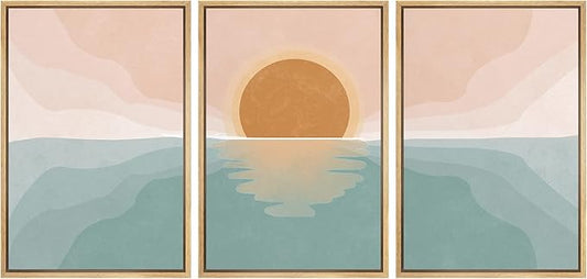 wall26 Framed Canvas Print Wall Art Set Pastel Mountain Range Forest Dawn Abstract Nature Illustrations Modern Art Nordic Decorative Minimal Boho for Living Room, Bedroom, Office - 24"x36"x3 Natural