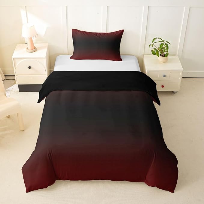 Erosebridal Red and Black Toddler Duvet Cover Ombre Bedding Set for Kids Teens Abstract Gradient Comforter Cover Contemporary Art Bed Set, 1 Pillowcase