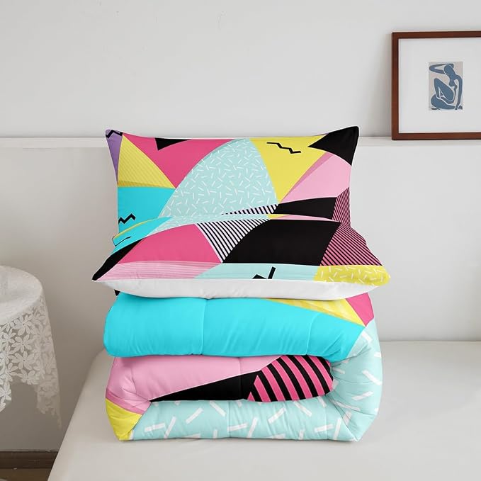 Manfei Memphis Comforter Set Twin Size, Retro 80s 90s Fashion Style Quilt Set with 1 Pillowcase, Colorful Triangle Geometric Bedding Set 2pcs for Kids Boys Girls Lightweight Duvet Insert