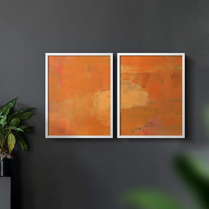 Renditions Gallery Set of 2 Peel & Stick Framed Prints, Abstract Wall Art, Rustic Fain Marking with Brush Strokes Wall Decor, Re-Stickable - Ready to Hang - 22"x28" - White Frame LT588