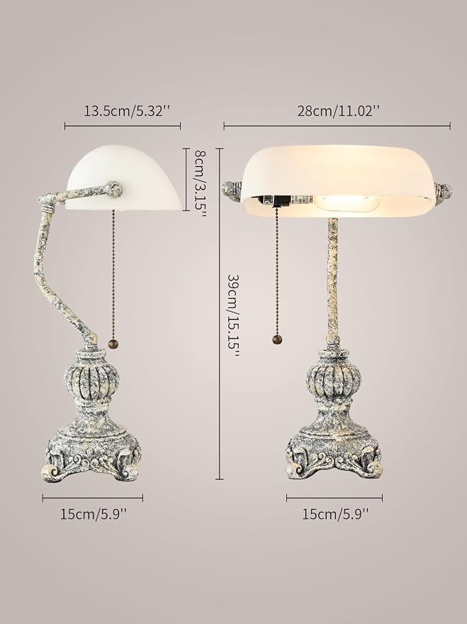Retro White Matted Glass Bankers Desk Lamp for Home Office,Library with Pull Chain Switch Plug in Fixture, LED Bulb Included