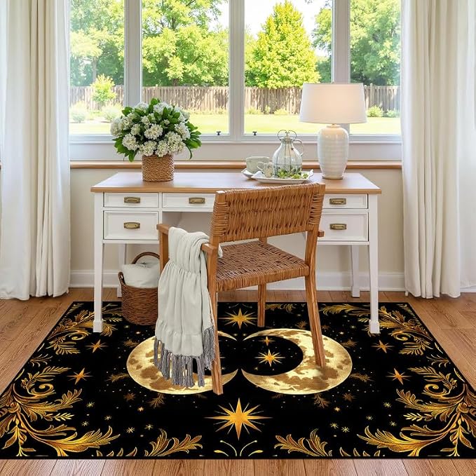 Sun Moon Star Area Rug 2'x3' Golden Boho Carpet Non-Slip Washable Low Pile Floor Mat for Entryway Bedroom Living Room Nursery Playroom Classroom Home Decor