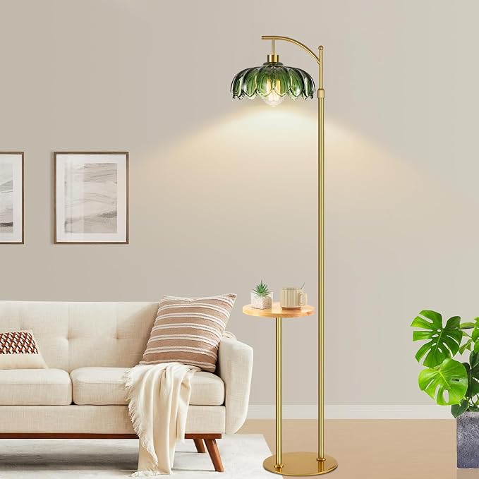QIYIZM Gold Floor Lamp with Table and Shelves for Living Room Bedroom,Glass Standing Lamp with Remote Dimmable,Boho Brass Tall Lamp Vintage Farmhouse Arc Flower Floor Light Bohemian