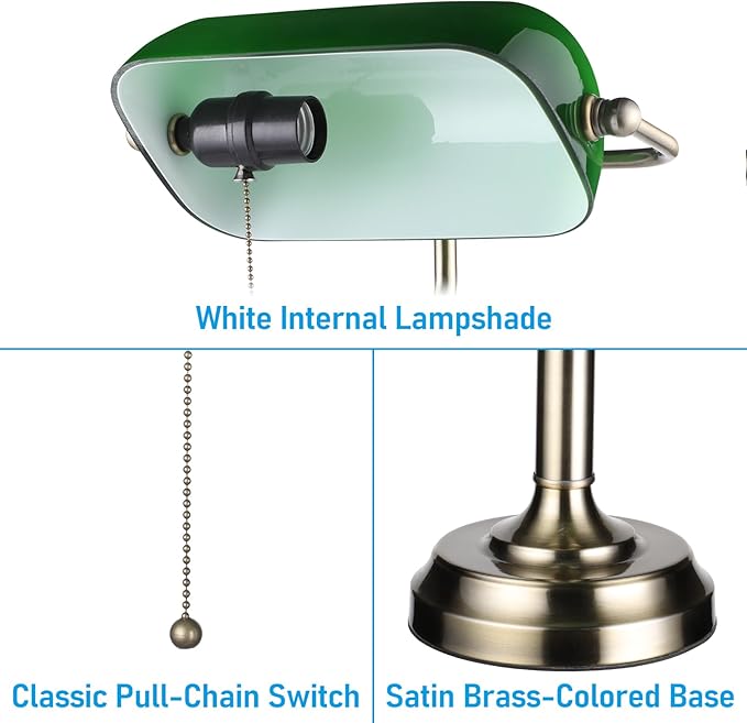 TORCHSTAR Green Glass Bankers Desk Lamp, Antique Desk Lamps with Brass Finish Base, Traditional Library Lamp with Pull Chain, E26 Base, Vintage Desk Lamp for Office, Study Room