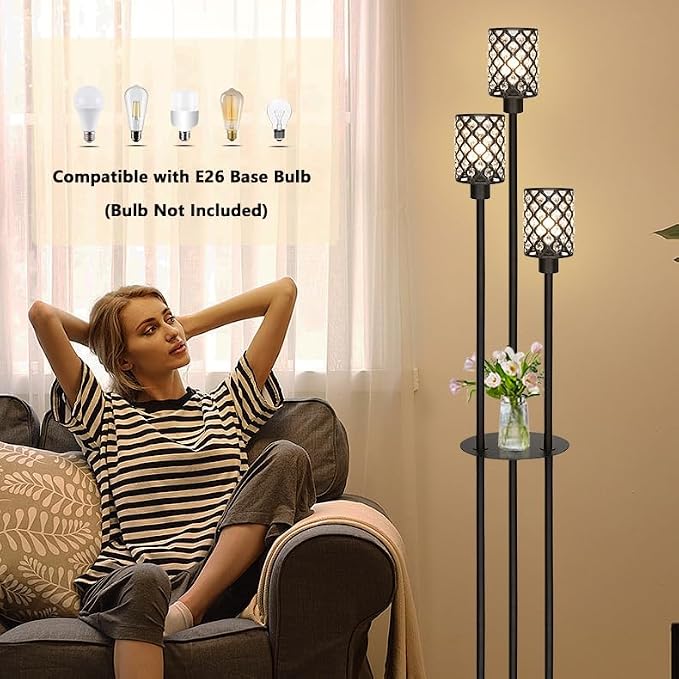 Gold Floor Lamps for Living Room, Standing Floor Lamp with shelves, Tall Lamp with Table, Modern Mid Century Floor Lamp with E26 Base, Coner Crystal Floor Light for Bedroom (Without Bulb) (Black)