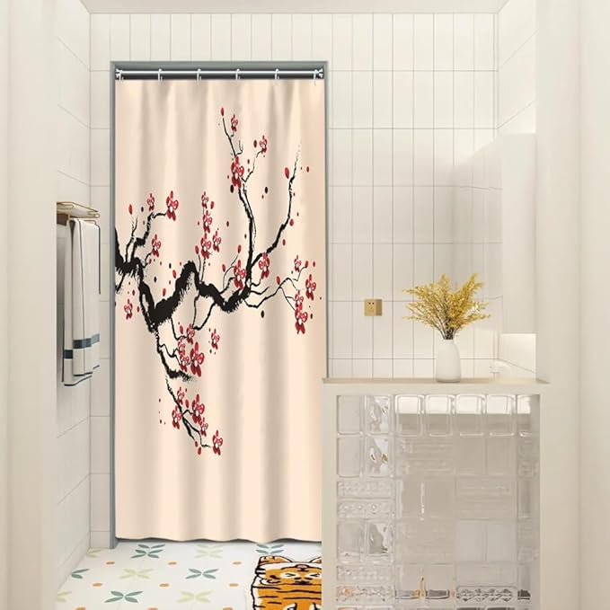 Cherry Blossom Shower Curtain Chinese Traditional Antique Ink Painting Art Plum Floral Shower Curtains Stall Bathroom Accessories Waterproof Polyester Fabric with Hooks, 36 x 72 Inch