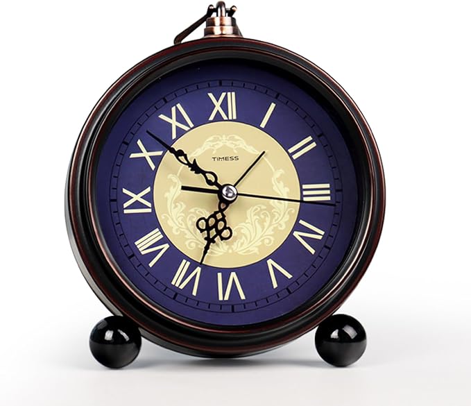TIMESS Vintage Analog Alarm Clock, 4.3" Silent Non-Ticking Quartz Desk Clock with Roman Numerals, Battery Operated Table Clock for Bedroom, Living Room, Office, or Gift (Blue)