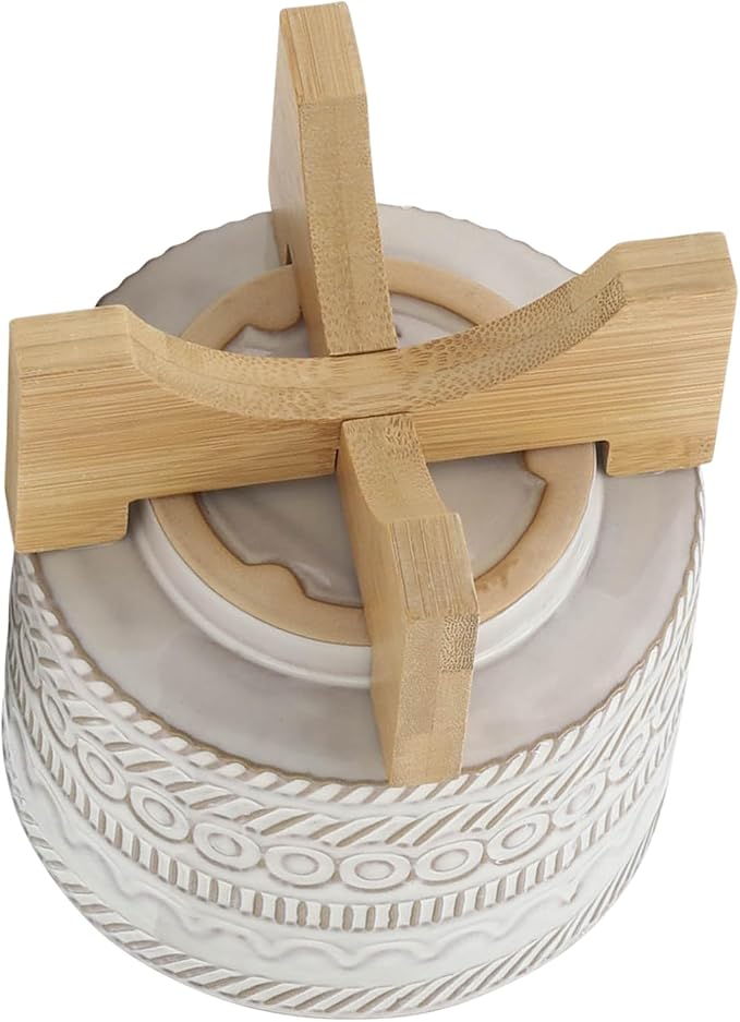 Embossed Ceramic Planters with Wood Stand for Flower Pots Home Decor Pots for Entryway, Tabletop, and Garden - Small Raised Container with Stand for Indoor and Outdoor Plants - 8", Ivory & Tan