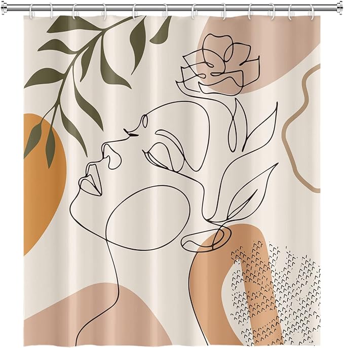 Abstract Woman Face Bathroom Shower Curtain - Mid Century Boho Modern Geometric With Hooks, Polyester Waterproof Fabric, Minimalist Art Line Aesthetic, 69x70 Inch