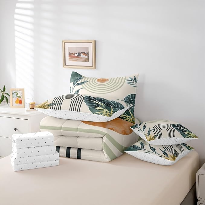 Erosebridal Mid Century Modern Twin Comforter Set with Sheets 7 Piece Boho Tropical Leaves Palm Leaf Bed in A Bag Retro Line Art Bedding Sets for Women Men Abstract Sun Aesthetic Arch Curve Bed Set