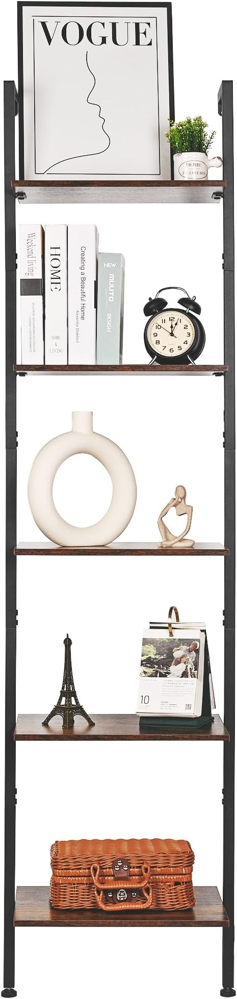 ELYKEN Ladder Shelf, 5-Tier Wood Wall Mounted Bookshelf with Metal Frame, Vintage Open Display Organizer Rack, Leaning Storage Shelves for Living Room, Bedroom, Home Office, Rustic Brown