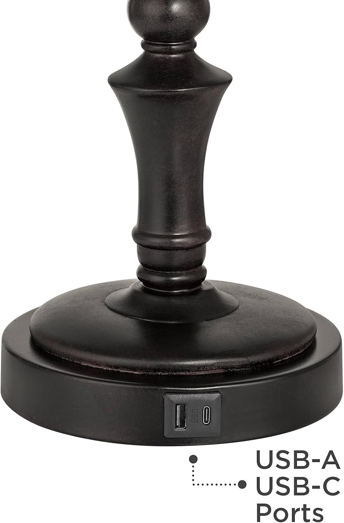 Regency Hill Corey 21.75" High Traditional Natural Cottage Swing Arm Hotel Style Desk Table Lamp with USB Ports A+C Charging Bronze Metal Faux Leather Bell Shade Living Room Bedroom House Bedside