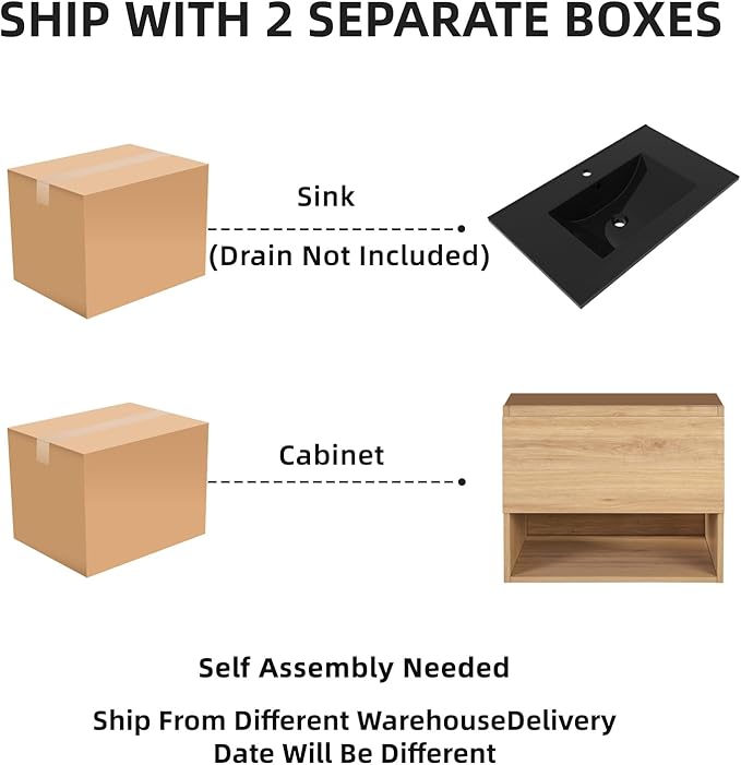 30 inch 3D Carved Bathroom Vanity with Open Compartment, Floating Cabinet with Hidden Soft-Close Slide Rails,with Ceramic Basin,Single Shelve,Mid Century Modern (Yellow Oak/Black Sink)