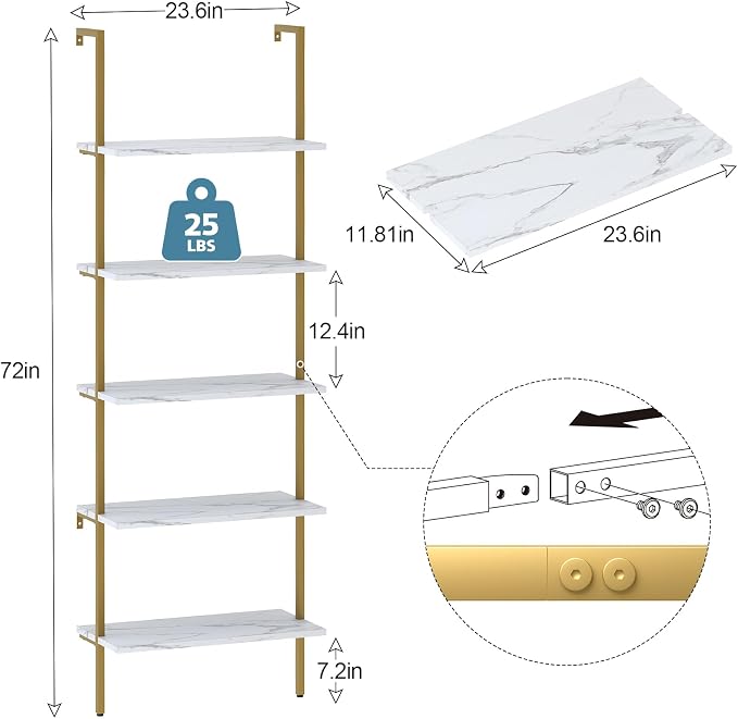 aboxoo Ladder Shelf White Marble Bookshelf 5-Tier Wall-Mounted Wood Rack Industrial Modern Plant Flower Stand Utility Organizer Open Bookcase Metal Frame Furniture Office Kitchen Bedroom