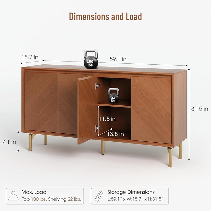 JOINICE Sideboard Cabinet with Storage, Mid-Century Modern Accent Cabinet | Chevron Pattern Credenza for living rooms, geometric door , gold-tone legs, dining room and entryway