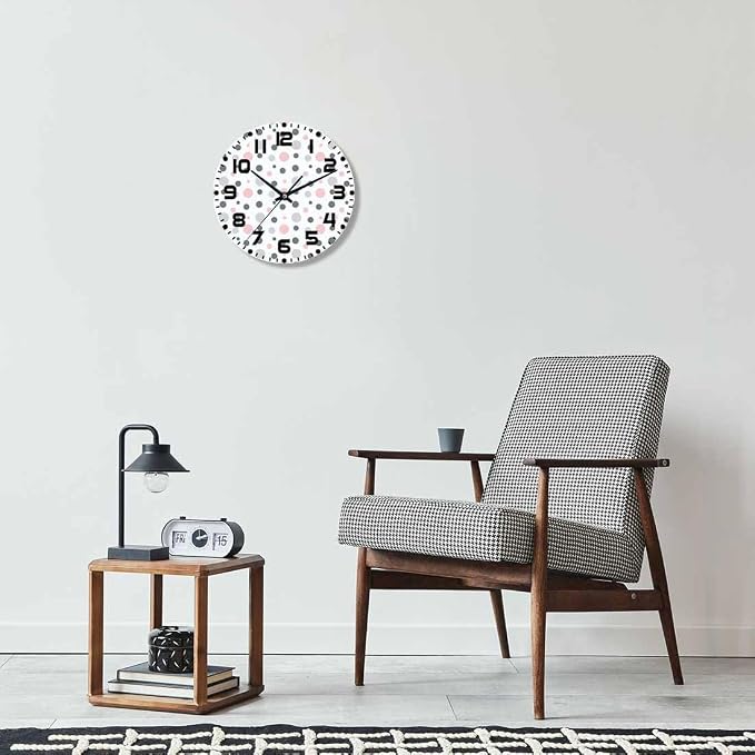 Polka Dot Pattern Wall Clock Pink Gray White Battery Powered Wall Clock Silent Non Ticking 10 Inch for Living Room, Kitchen, Home,Bathroom, Bedroom