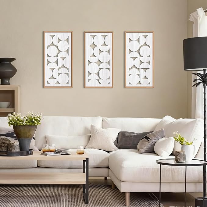 IARTTOP White Abstract Wood Wall Art Framed 8x16 Inch Set of 3 Modern Minimalist Wooden Wall Decor Mid-century Modern Geometry Artwork for Living room Bedroom Office