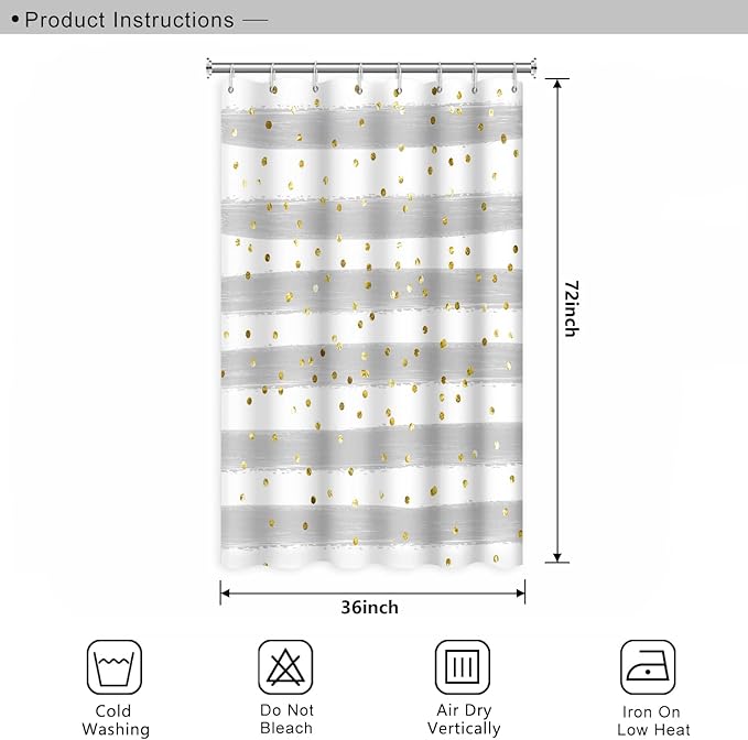 Grey and White Stripes Shower Curtain for Bathroom Abstract Lines Gold Spots Shower Curtain Waterproof Polyester Fabric Modern Art Aesthetics Home Decor Bath Curtain with Hooks, 36x72 Inch
