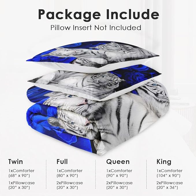 WeCozy Full Size Comforter Set with 2 Pillowcases, White Tiger Animal Cat 3 Pcs Bedding for Kids and Adults, Blue Rose Flower Background Soft Comforter Set for Bedroom Bed Decor