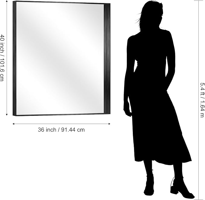 CIRCUMI Black Bathroom Mirror, 36"x40" Rectangular Mirror with Deep Metal Frame, Brushed Finish, Tempered Glass, Mirror for Wall, Oversink, Bedroom, Installed Vertically/Horizontally, Crystal-Clear