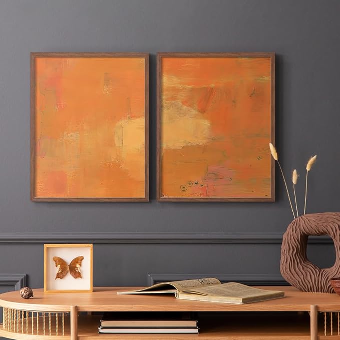 Renditions Gallery Set of 2 Peel & Stick Framed Prints, Abstract Wall Art, Rustic Fain Marking with Brush Strokes Wall Decor, Re-Stickable - Ready to Hang - 8"x10" - Walnut Frame LT588