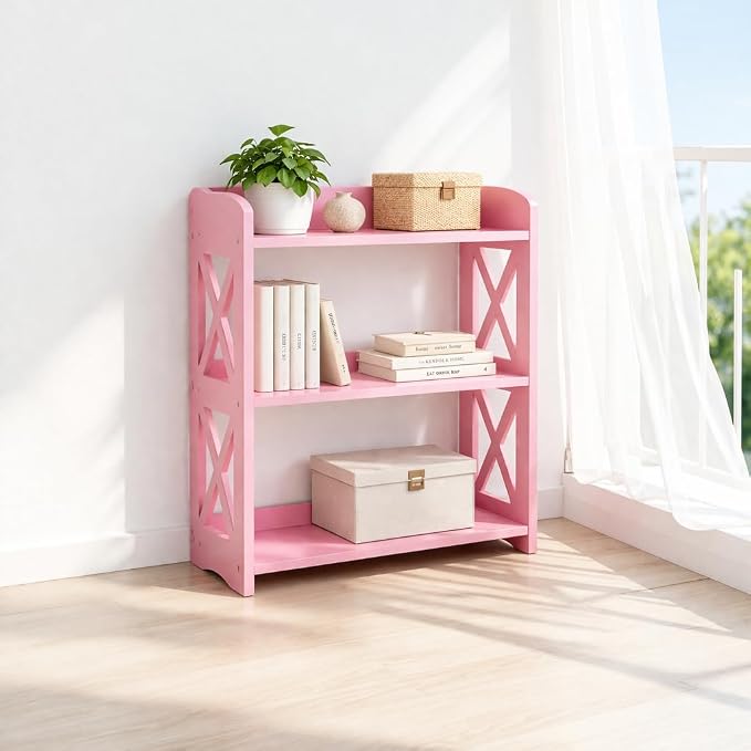 Pink Bookcase by Natural Wood, 3 Tier Bookshelf, Small Book Shelves Freestanding Display Storage Shelves. Open Bookshelf for Bedroom, Living Room and Office (Pink, 3 Tier)