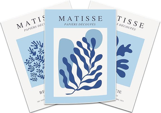 BingruiArt 3Pcs Unframed 16x24in Blue Matisse Wall Art Boho Flower Canvas Posters Minimalist Plant Leaves Painting Abstract Pictures Aesthetic Prints Home Decor for Living Room Bedroom Bathroom