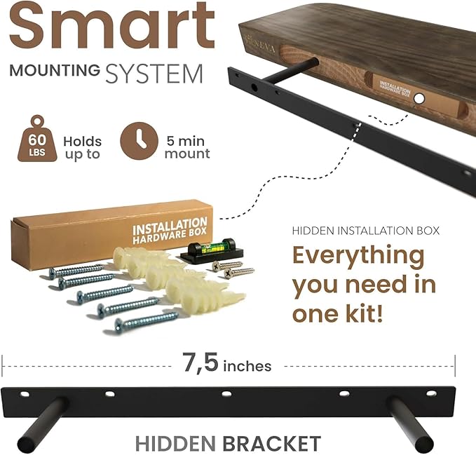 Wood Floating Shelves for Wall 16 Inch (Set of 2) - Floating Bathroom Shelves for Room Wall- Small Wall Mounted Shelf for Bedroom Kitchen Living Room - 8 inch deep, American Walnut, Matte