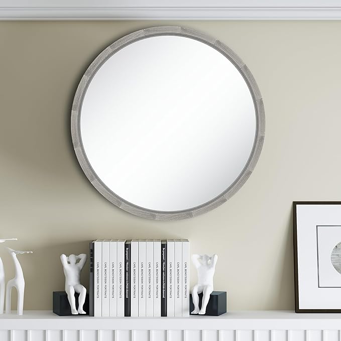 LYYYXGYP Round Wood Gray Mirror 24 X 24 Inch Modern Wall Mounted Mirror Wooden Frame Grey Circle Mirror for Bathroom
