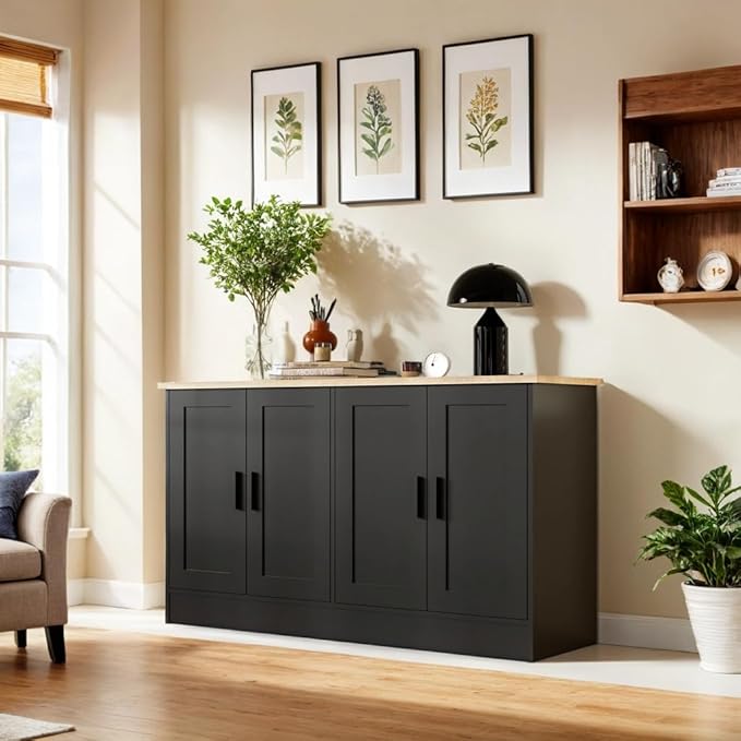 Anystyle 53" Black Buffet Cabinet with Storage, Modern Kitchen Sideboard with 4 Doors & Adjustable Shelves, Entryway Credenza & TV Console Table for Living Room, Dining Room