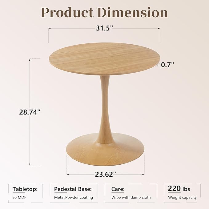 31.5 Inch Round Dining Table,Mid-Century Tulip Table with Metal Pedestal Base,Modern Leisure Table for Small Space Kitchen Dining Room,Easy Assembly,Natural