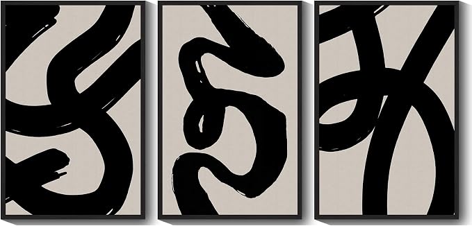 KUVIOKE Black Abstract Framed Wall Art Ink Wash Minimalist Lines Canvas Painting Artwork for Bedroom Hallway 24x36in (Black Framed)