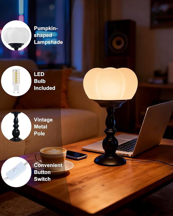 Lightdot Farmhouse Table Lamp Set of 2 Gold & Black Desk Lamps with Pumpkin Shade 3000K Warmwhite Vintage Rustic Bedside Nightstand Lamps for for Bedroom Living Room Home Decor