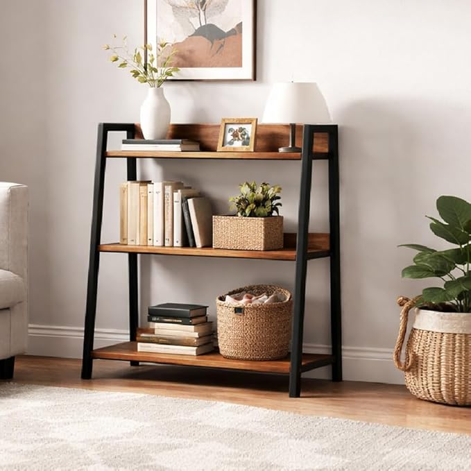 Ladder Shelf, 3 Tier Bookshelf, Small Bookshelf for Small Spaces, Wood and Metal Bookcase, Ladder Bookshelf, Modern Storage Shelf for Living Room and Office (Black, Ladder)