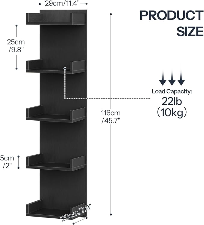 HOOBRO Floating Wall Shelf with LED Lights, Floating Shelf Wall Mounted for Storage, Vertical Display Stand, Modern Column Rack, for Bedroom, Livingroom, 5-Tier, 45.7 Inches, Black, BK51DBJ01N1