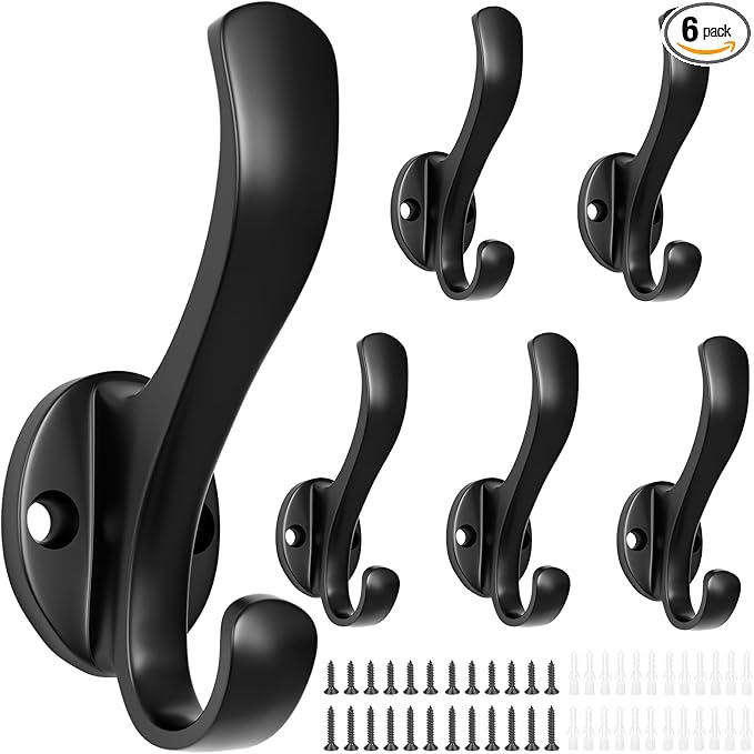 Coat Hooks Heavy Duty - Wall Mount Metal Towel Hooks Screw-in Wall Hooks for Hanging Hat, Towel, Key, Robe, Scarf, Bag, Cap (6 PCS Black)