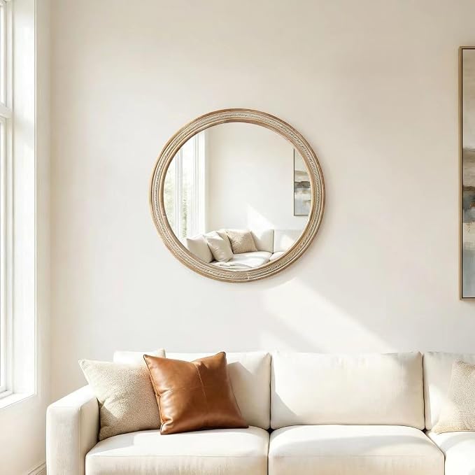 23.62'' Rustic Modern Round Wall Mirror with Rattan Textured & Pre-Installed Hanging, Decorative Mirror with Large Reflective Surface for Bathroom Bedroom Living Room, Natural