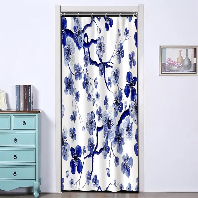 Plum Blossom Shower Curtain Watercolor Blue Floral Modern Art Painting Shower Curtains for Stall Bathroom Accessories Waterproof Polyester Fabric with Hooks, 36 x 72 Inch