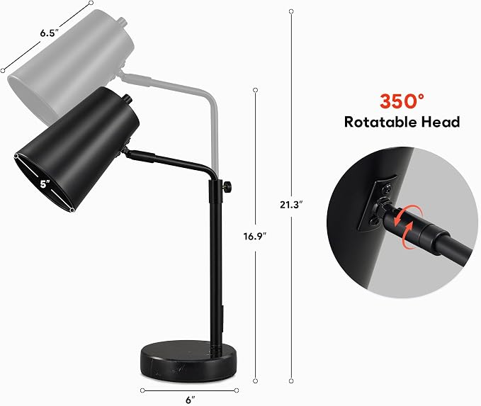 VONLUCE 20" Desk Lamp with LED Bulb, Metal Table Lamp Marble Base, Mid Century Modern Reading Lamp Office, Industrial Task Lamp Work Lamp for Reading Bedroom, Black