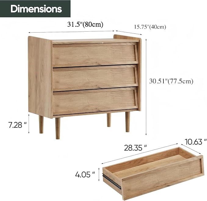 3 Drawers Dresser, 31.5'' W Mid- Century Modern Wooden Chest of Drawers, Large Night Stands Organizer for Bedroom, Closet, Hallway, Entryway, Natrual Wood Color
