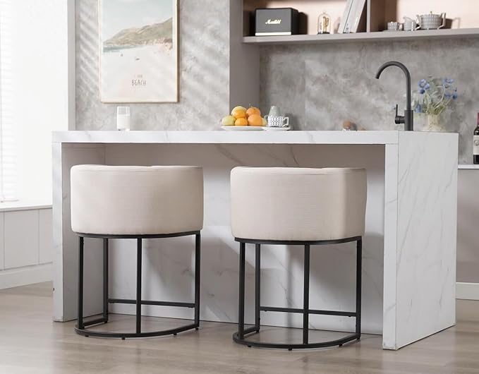 Contemporary Cream Linen Bar Stools Set of 2, 24" Upholstered Fabric Counter Height Barstools Kitchen Counter Island Stools with Black Metal Base, Cream