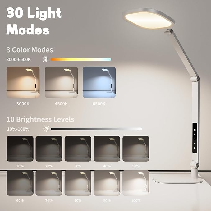 LitONES LED Desk Lamp for Home Office, Professional Eye-Caring Diffused Desk Light, 3 Color 10 Brightness Computer Light, Dimmable Office Lamp with Memory & Timer Func, Metal Swing Arm Table Lamp