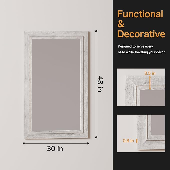 Rustic Wall-Mounted Vanity Mirror, Solid Wood Frame Bathroom Mirror, Farmhouse Style for Living Room, Bedroom, Entryway, Horizontal/Vertical Hanging