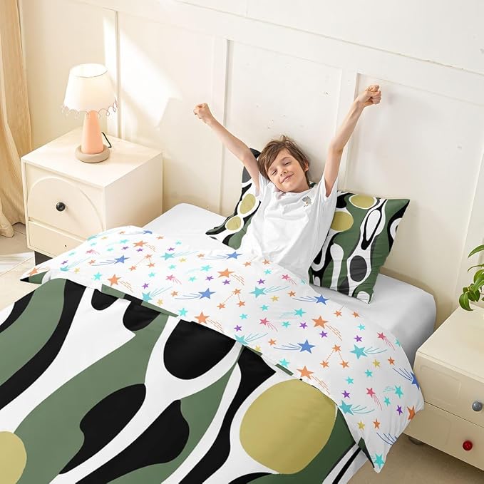 Erosebridal Organic Abstract Duvet Cover Set Modern Contemporary Girl Toddler Bedding Set for Tween Boys Girls Boho Mid Century Wavy Lines Comforter Cover Retro Geometric Bed Sets,Olive Green Khaki