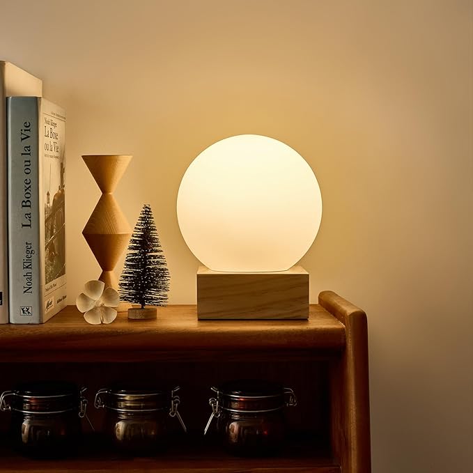FLORNIA Globe Ball Lamp Modern Industrial Table Lamp, Unique Bedside Nightstand Desk Lamp with Glass Shade and Solid Wood Base for Bedroom, Living Room, Decoration (Include Bulb G45)