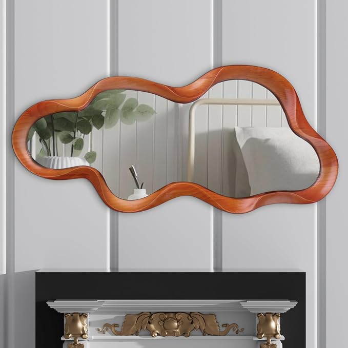 48"x 22" Irregular Wall Mirror, Walnut Wood Framed Wall Mirror, Asymmetrical Wall Wavy Mirror for Living Room Bedroom Entryway Bathroom Modern Decorative Mirror with Hanging Hooks