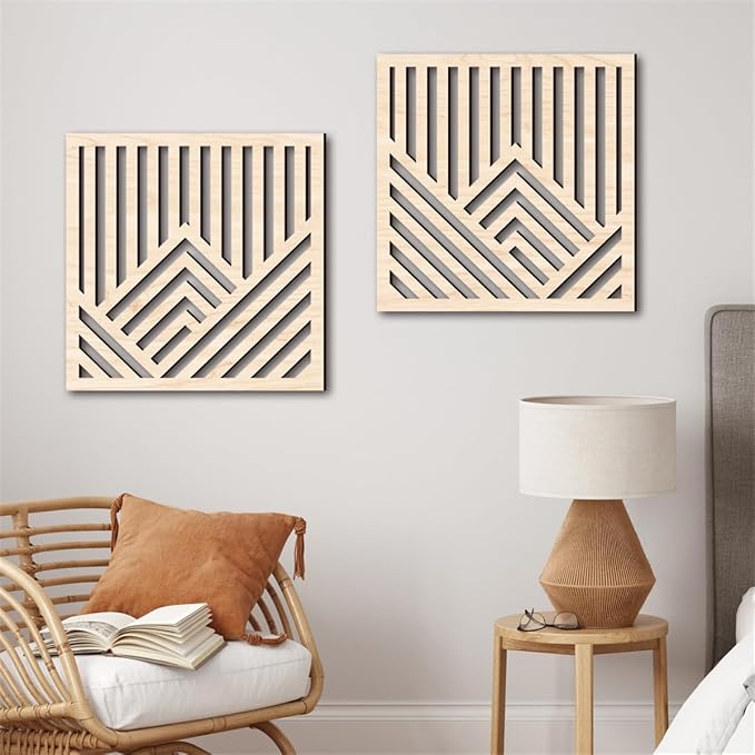 Geometric Mountain Wood Wall Art Decor, 2 Pcs Modern Mountain Wall Sculptures Wooden Square Hanging Abstract Panels, 3D Square Hollow Wood Art Wall Decor for Home Office Living Room Bedroom (Beige)