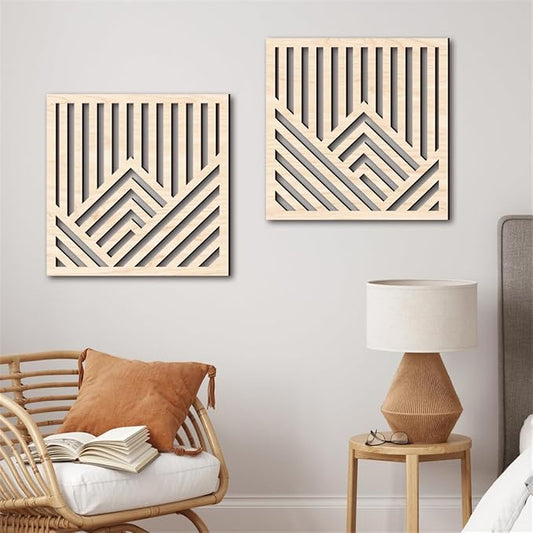 Geometric Mountain Wood Wall Art Decor, 2 Pcs Modern Mountain Wall Sculptures Wooden Square Hanging Abstract Panels, 3D Square Hollow Wood Art Wall Decor for Home Office Living Room Bedroom (Beige)