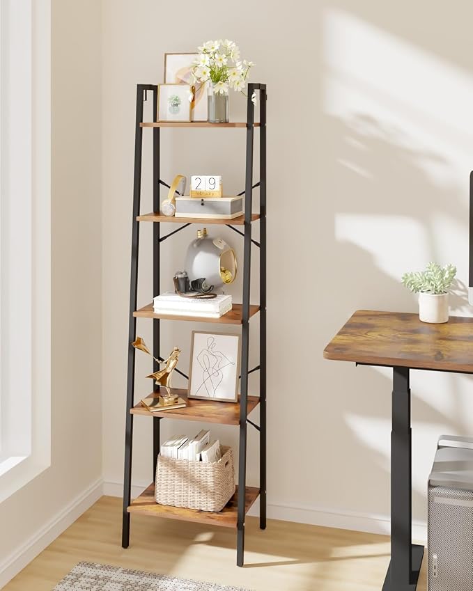 Hzuaneri Ladder Shelf, Bookshelf Bookcase, Freestanding Corner Storage Shelve with 2 Hooks for Home Office, Living Room, Kitchen, Bedroom, Industrial, 11.8" D x 17.3" W x 63" H, Rustic Brown BC19201B